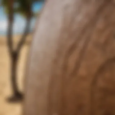 Cultural Canvas: Hawaiian Motifs on Surfboards Close-up of a surfboard decorated with traditional Hawaiian motifs.