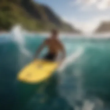 A surfer paddling out in crystal-clear Hawaiian waters with a picturesque backdrop.