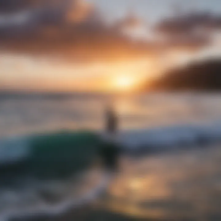 A vibrant sunset over a Hawaiian beach with surfers catching waves.