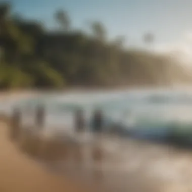 A group of surfers discussing and sharing techniques on the beach.