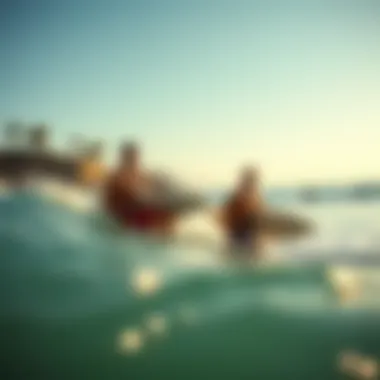 Surfers Embracing Hurley's Impact on Surf Culture A scenic beach with surfers riding waves adorned in Hurley gear