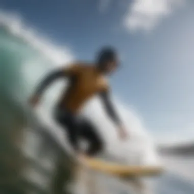 The Fusion of Safety and Style in Surfing A surfer wearing a modern helmet while catching a wave