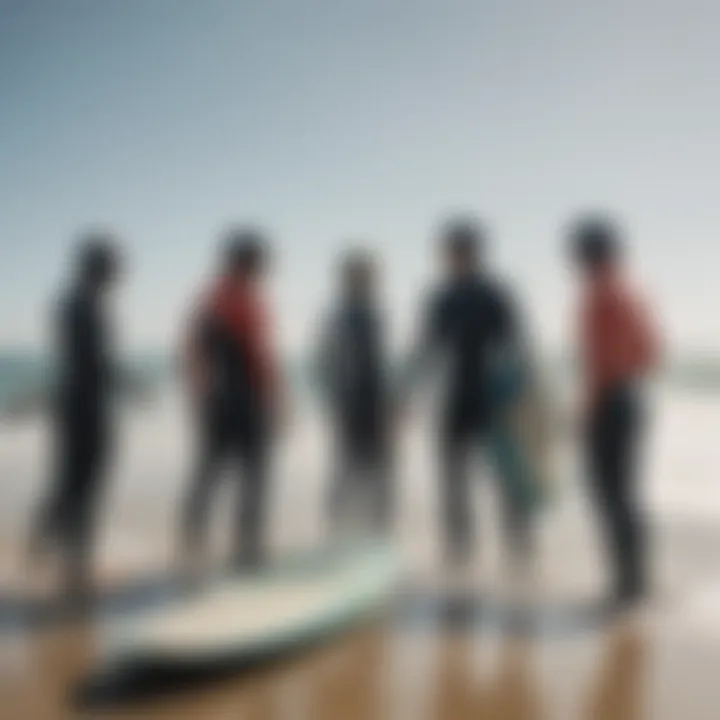 A group of surfers discussing safety gear on the beach