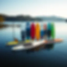 An array of inflatable stand-up paddleboards displayed on a tranquil lake