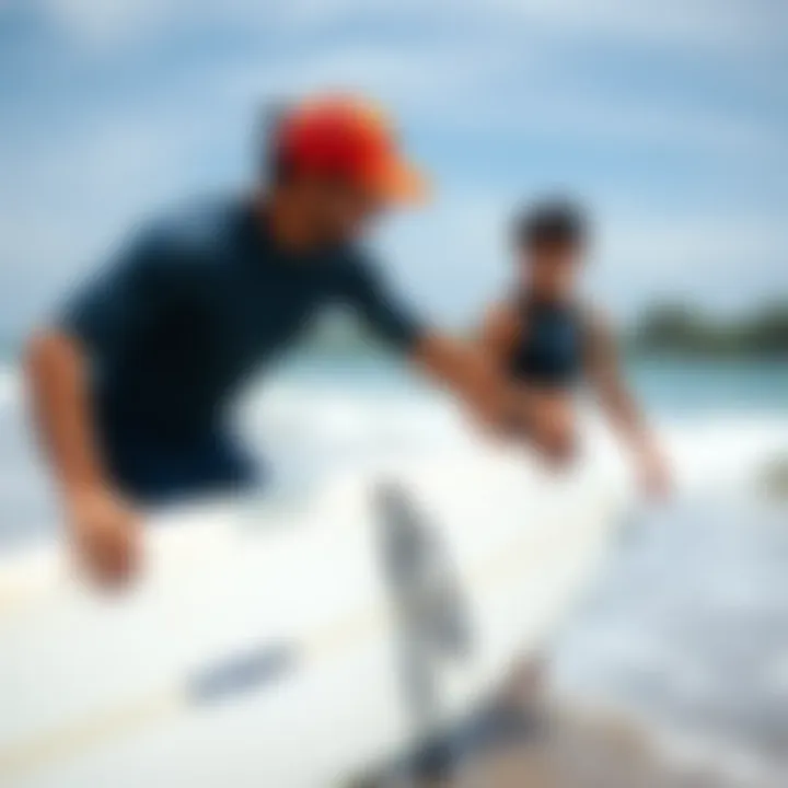 Personalized Surf Instruction A surf instructor guiding a student on the beach