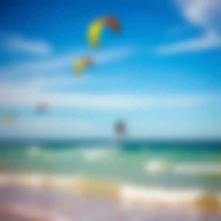 A vibrant kite surfing scene at Tarifa beach with colorful kites in the sky