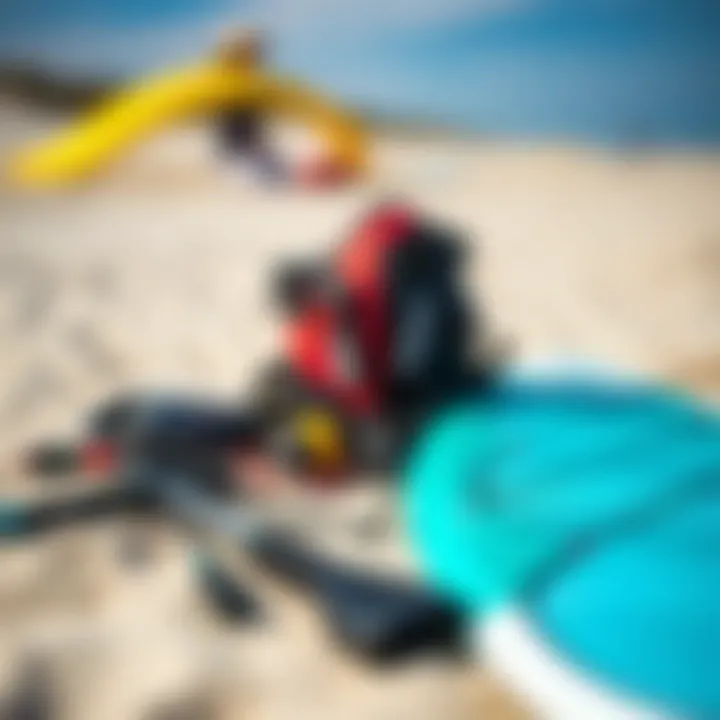 Kiteboarding equipment laid out on the beach