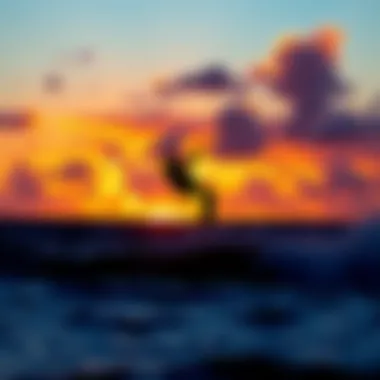 Vibrant sunset over Cocoa Beach with kiteboarding