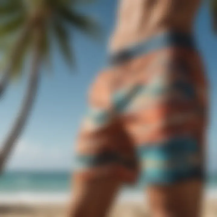 Stylish surfboard shorts displayed against a vibrant beach backdrop