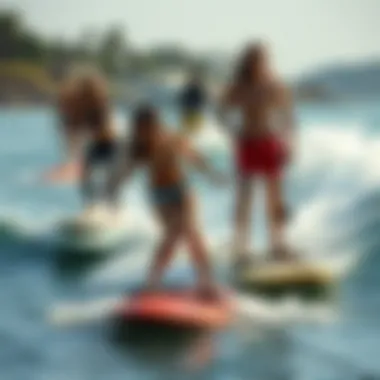 Diverse surfers enjoying mini hydrofoils on a sunny day