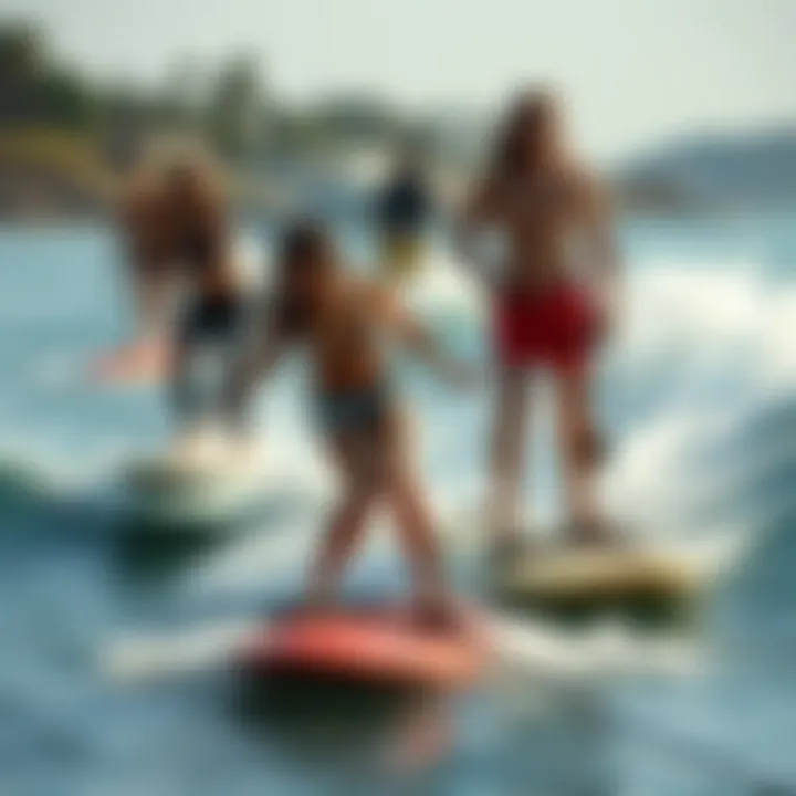 Diverse surfers enjoying mini hydrofoils on a sunny day