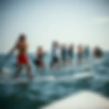 Group of enthusiasts practicing paddleboarding