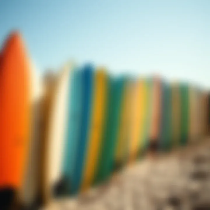 Colorful surfboards lined up on the beach