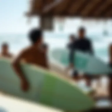 Guidance from Local Surf Instructors A vibrant local surf school with instructors guiding novices