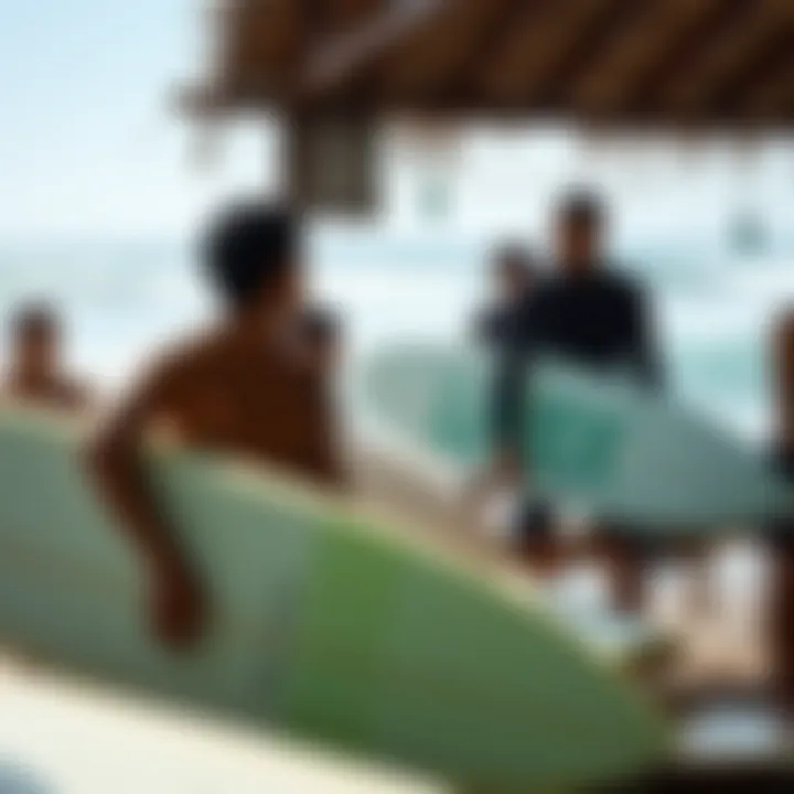 Guidance from Local Surf Instructors A vibrant local surf school with instructors guiding novices