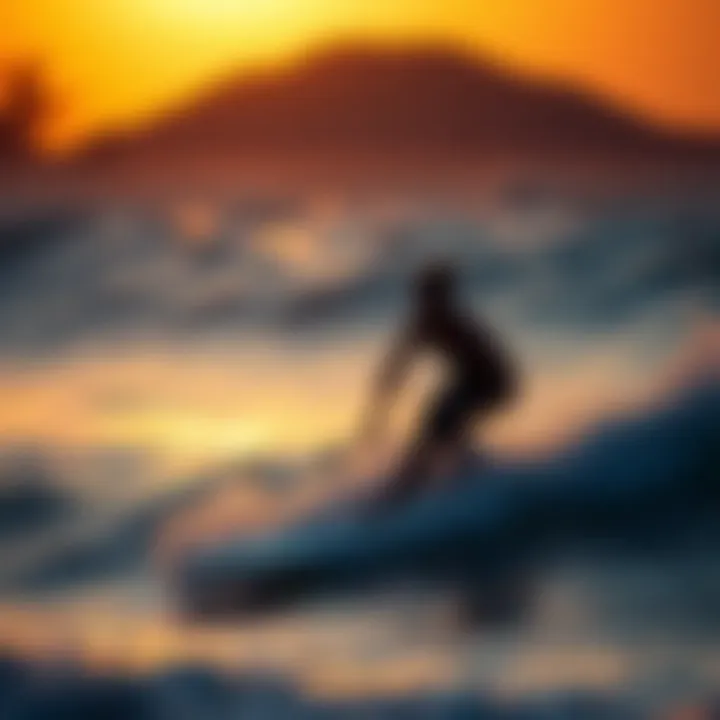 Sunset Surfing Experience A beginner surfer enjoying the waves with a beautiful sunset in the background