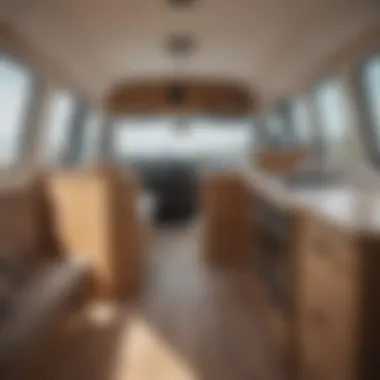 Interior view of a customized surfing van showcasing storage and amenities