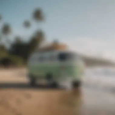 A sleek surfing van parked by the beach with surfboards on top