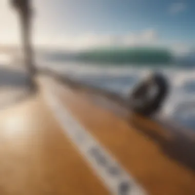 Close-up of surfing gear including a board and leash