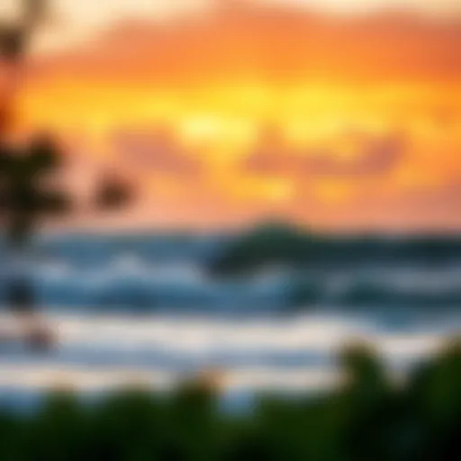 Tropical Sunrise Surf Spot A vibrant sunrise over a tropical beach with perfect waves crashing