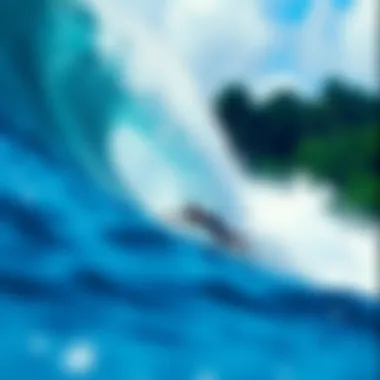 A surfer riding a magnificent wave with lush greenery in the background