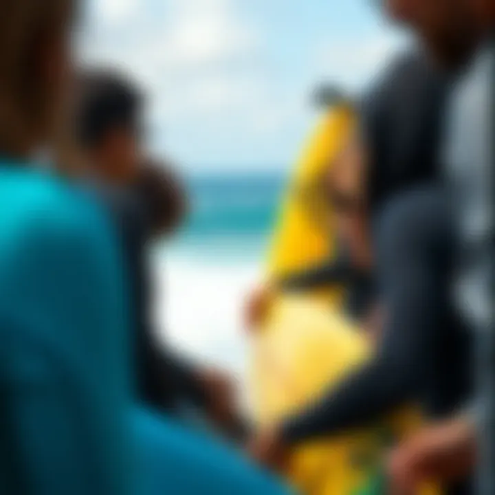 A diverse group of surfers sharing stories about ocean conservation