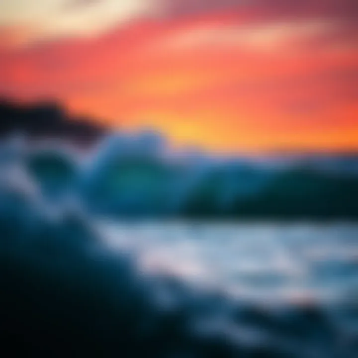 Vibrant ocean waves crashing against surfboards during sunset