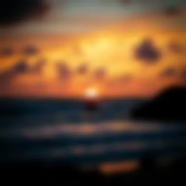 A vibrant sunset over the Pacific Ocean, illuminating the surfing landscape.