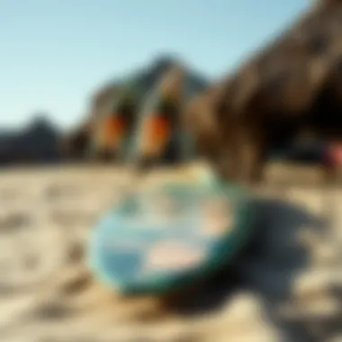 A close-up of a surfboard resting on the sandy beach, reflecting local artistry.