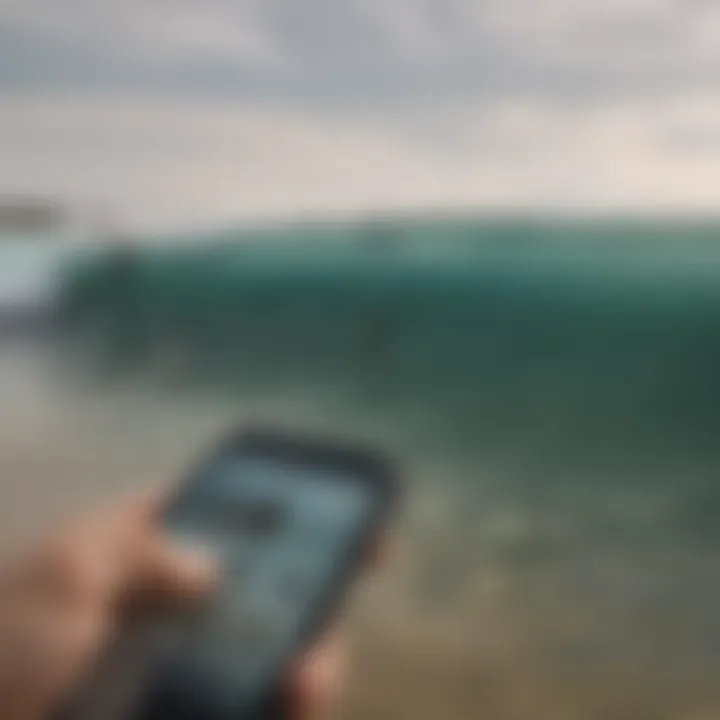 Surfboarding enthusiasts observing shark tracking information on a mobile device