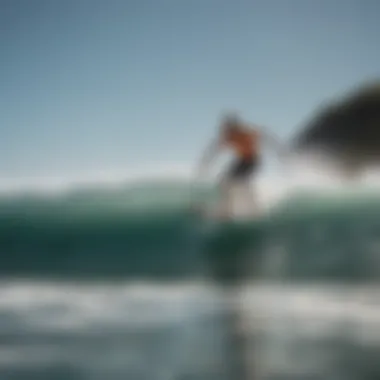 Surfer riding a wave on a short soft top surfboard