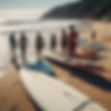 Group of surfers enjoying a sunny day at the beach with soft top surfboards