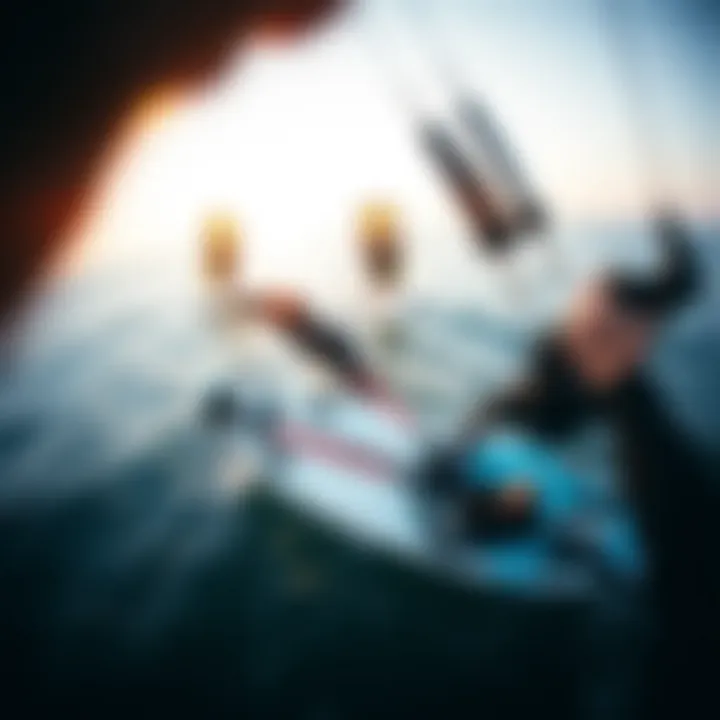 Aerial perspective of surfers practicing with training kites on the water.