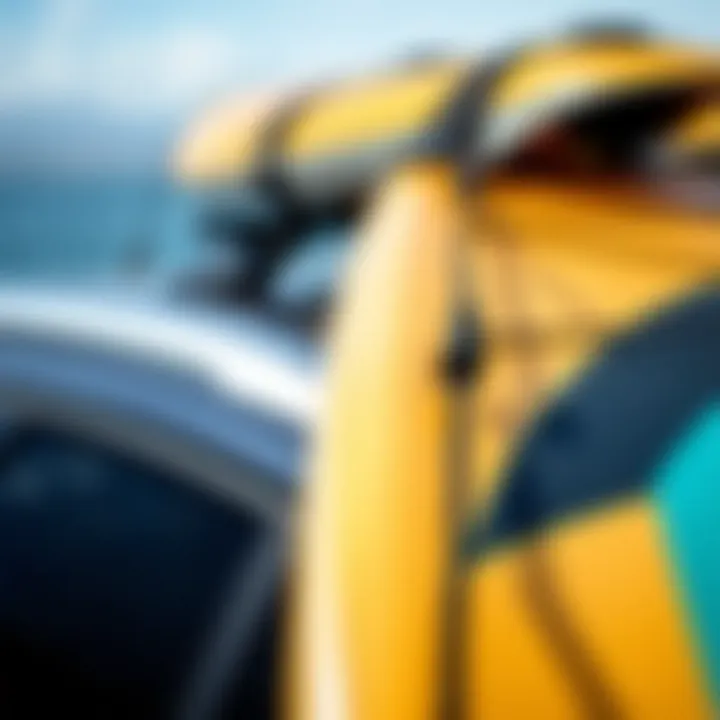 Paddle Board Attachment with Soft Roof Rack Close-up view of a paddle board securely strapped to a soft roof rack