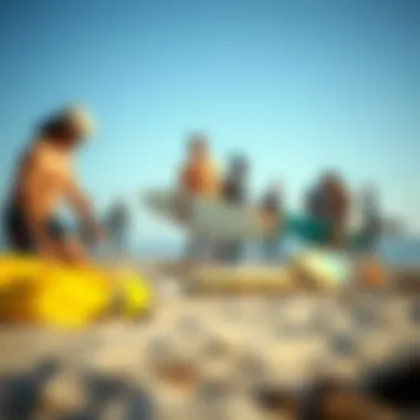 Community and Conservation in Surf Culture An environmentally conscious group participating in a beach clean-up