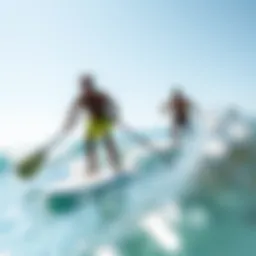 A vibrant scene of standup paddle surfers gliding over crystal clear waters
