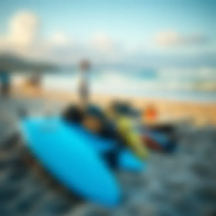 Essential Surf Gear Lined Up on the Beach Surf gear essentials on the beach