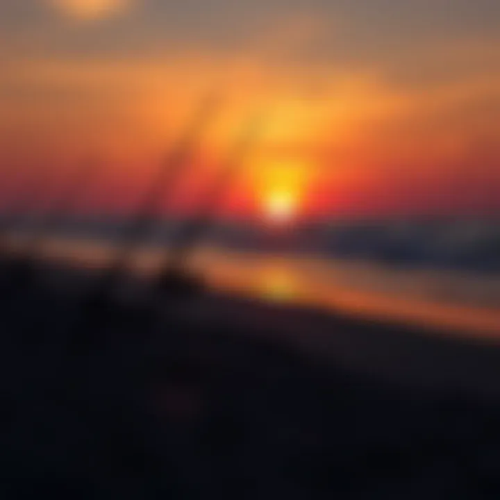 Sunset Fishing in Galveston A picturesque sunset over Galveston, with fishing rods set up on the beach, creating a tranquil scene for anglers.