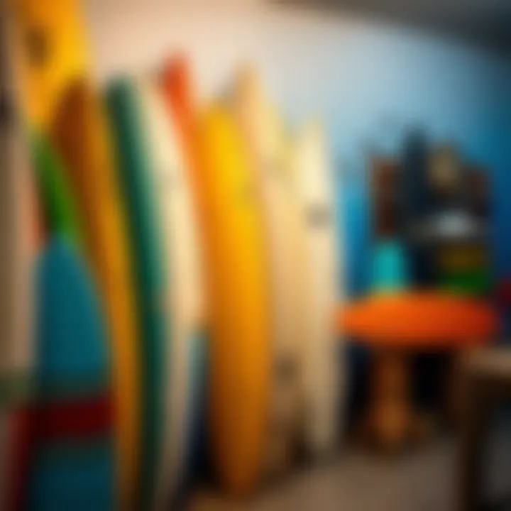 Diverse Surfboard Collection at Surf Hostel A collection of surfboards on display, representing various styles and designs