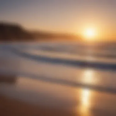 A picturesque view of Taghazout beach with surfers catching waves at sunset