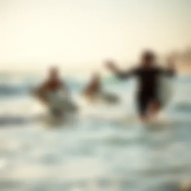 A group of surfers enjoying a playful moment in the ocean
