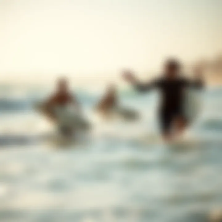 A group of surfers enjoying a playful moment in the ocean