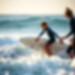 Surfing instructor guiding a student on the waves