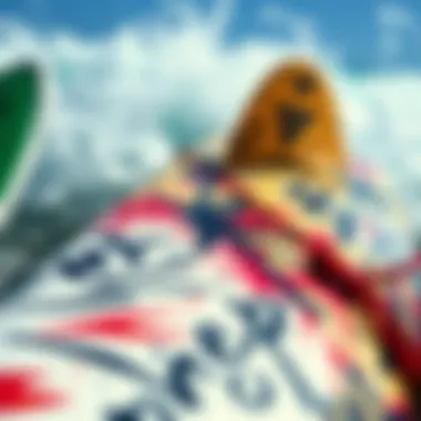 Punk Aesthetics on Surfboards A surfboard decorated with punk rock motifs and graffiti.