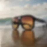 A close-up of premium surf sunglasses showcasing lens clarity and design