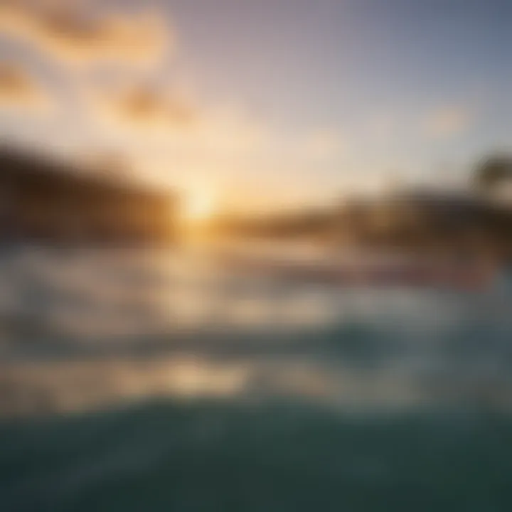 A serene sunset view over a surf wave pool, highlighting the tranquil atmosphere