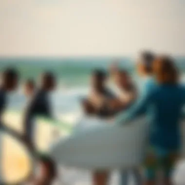 A group of surfers sharing their experiences using an app