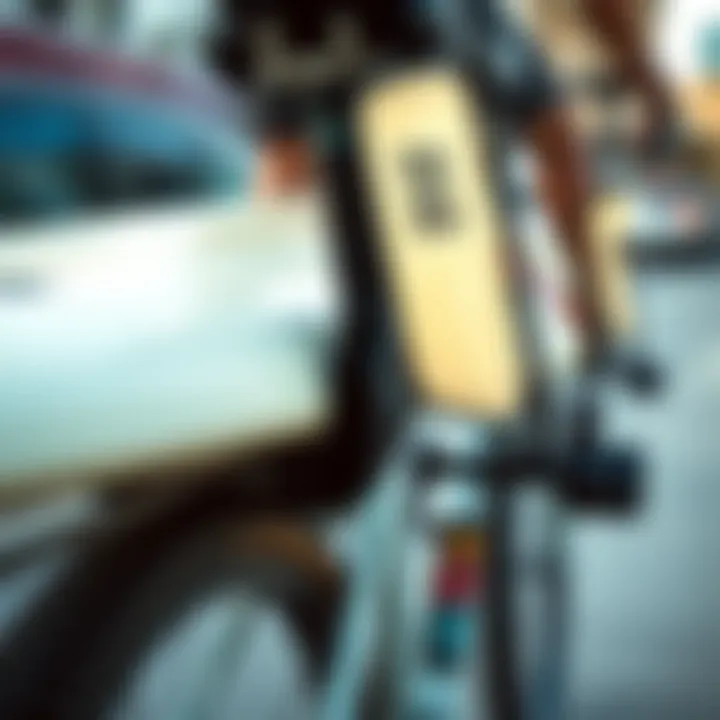 Detailed View of Surfboard Carrier Design Close-up of bike-mounted surfboard carrier showing design features