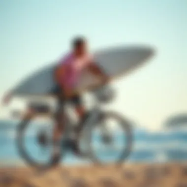 Surfer with Bicycle and Surfboard Carrier Surfer preparing to ride with a bicycle and surfboard carrier in the background