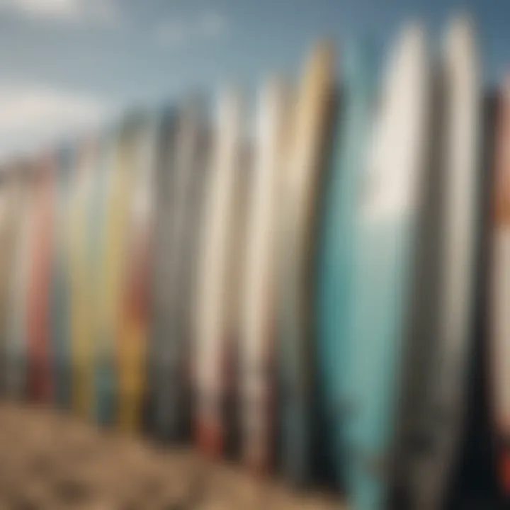 Diverse surfboards lined up for rental